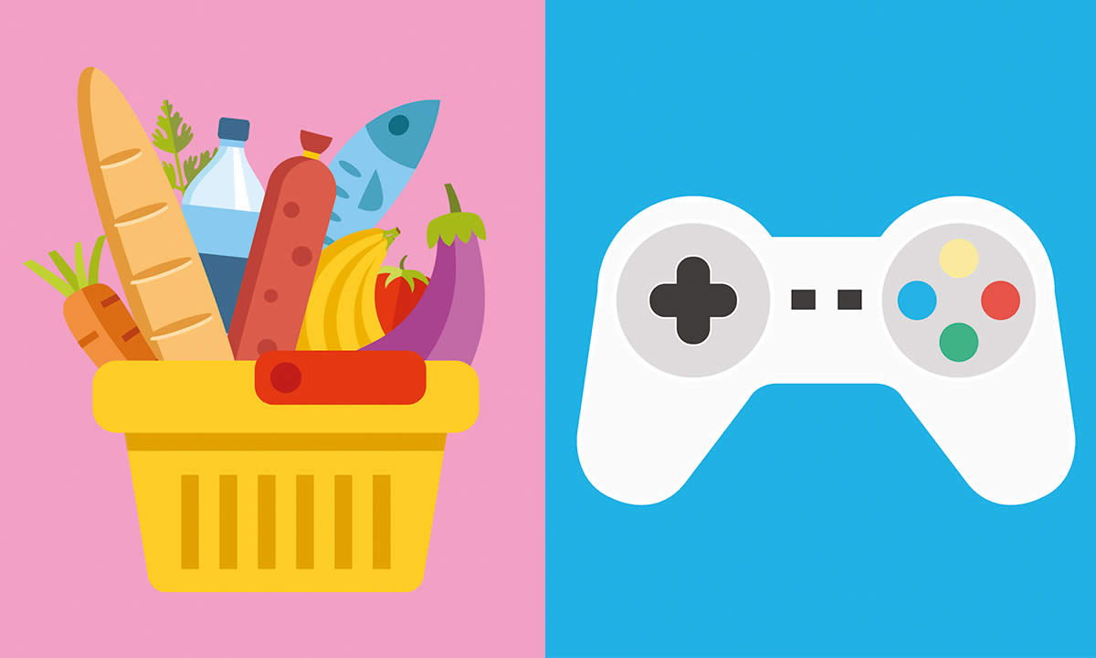 Illustration of a shopping basket with groceries and a computer game controller