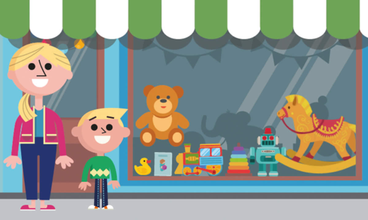 Illustration of a mother and son standing outside a toy shop