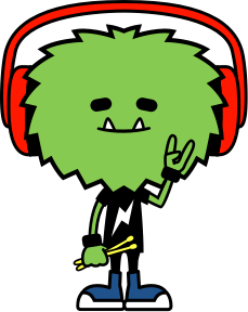 Green cartoon monster wearing red headphones and drumsticks
