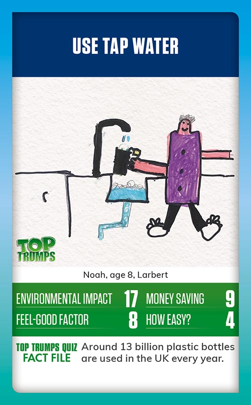 Winning MoneySense COP26 Top Trumps card design - A drawing of a boy using the tap in their kitchen to fill up their water bottle, with the message use tap water
