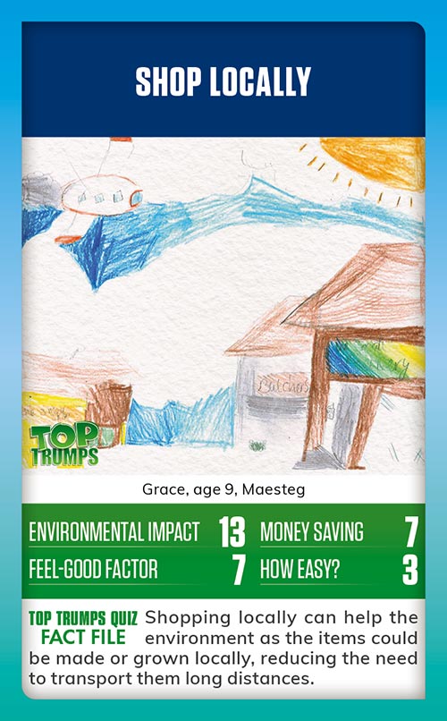 Winning MoneySense COP26 Top Trumps card design - A drawing of a highstreet with lots of local shops, with the message shop locally