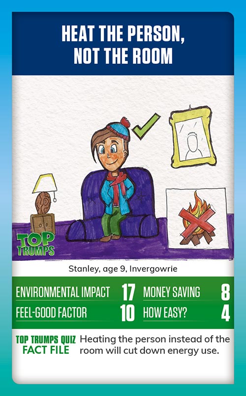 Winning MoneySense COP26 Top Trumps card design - A drawing of a boy sat on his sofa wearing his coat and scarf, with a big cross through the fireplace, with the message heat the person, not the room