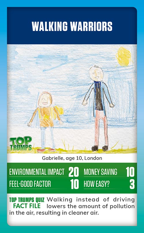 Winning MoneySense COP26 Top Trumps card design - A drawing of a child and their parent going for a walk in the sunshine, with the message walking warriors