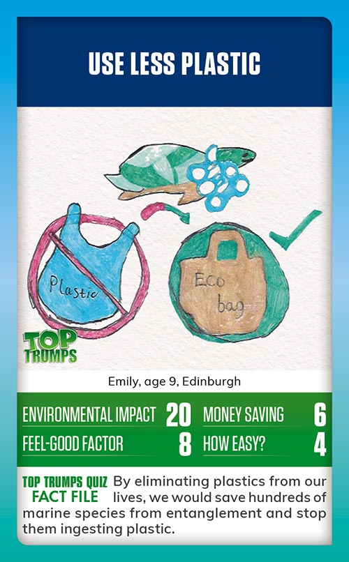 Winning MoneySense COP26 Top Trumps card design - A drawing of plastic bags with a big cross through them, and a poor turtle with the plastic caught around its neck, with the message use less plastic