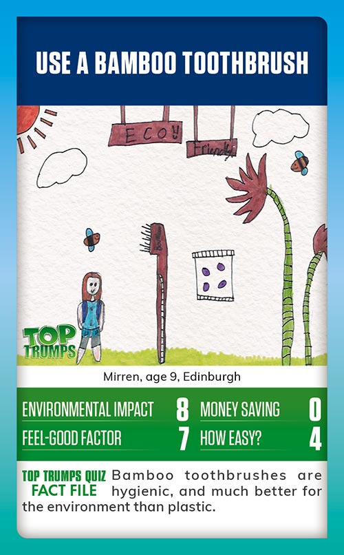 Winning MoneySense COP26 Top Trumps card design - A drawing showing how you can help the planet by using a bamboo toothbrush