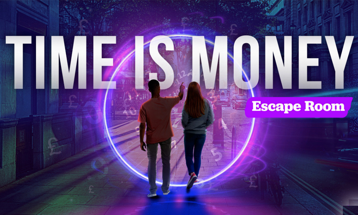 Start screen for the Time is Money Eacape Room - two teenagers walk towards a large glowing purple circle